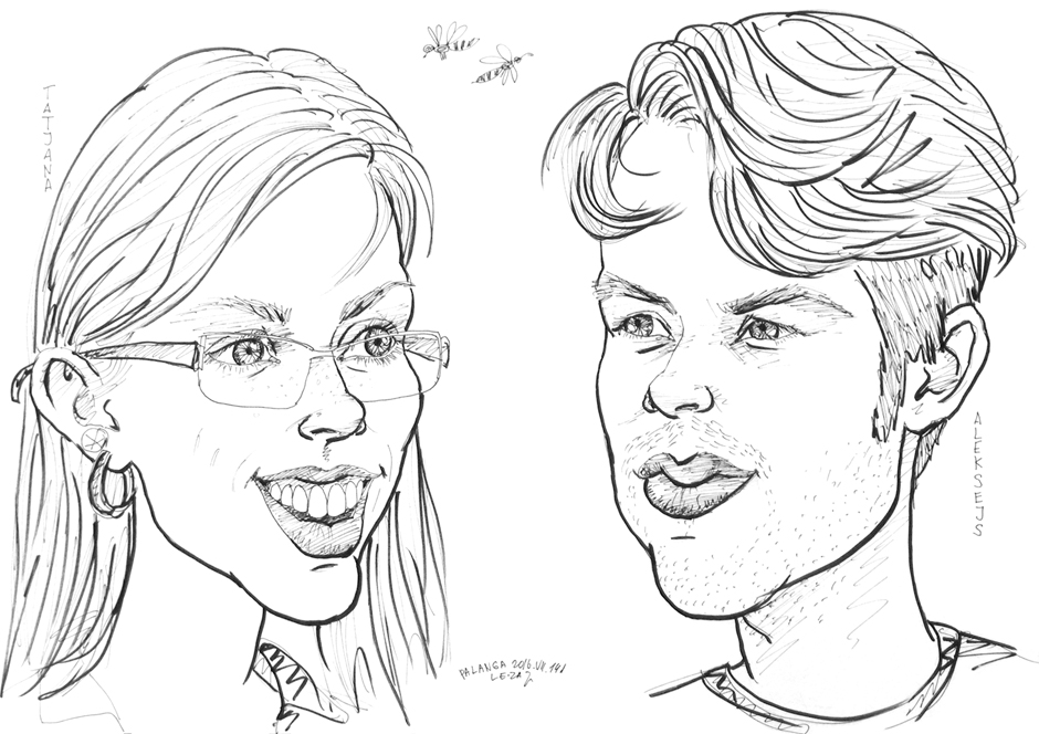 Portrait-caricature of “TATJANA & ALEKSEJS”, life drawing from live models; ink, paper 